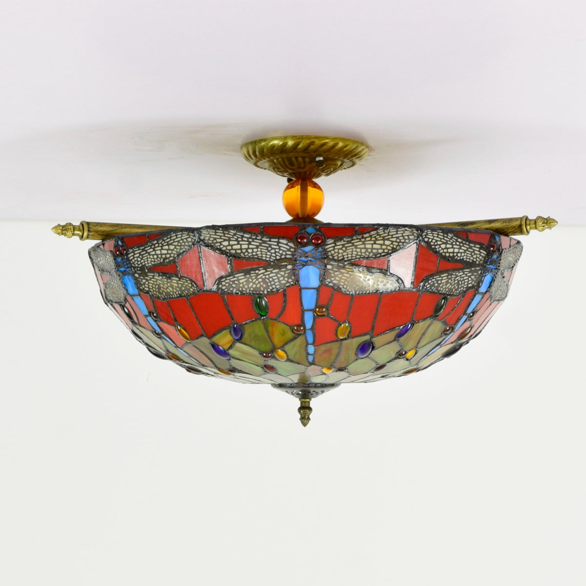 Tiffany Style Glass Ceiling Light with Red Dragonflies