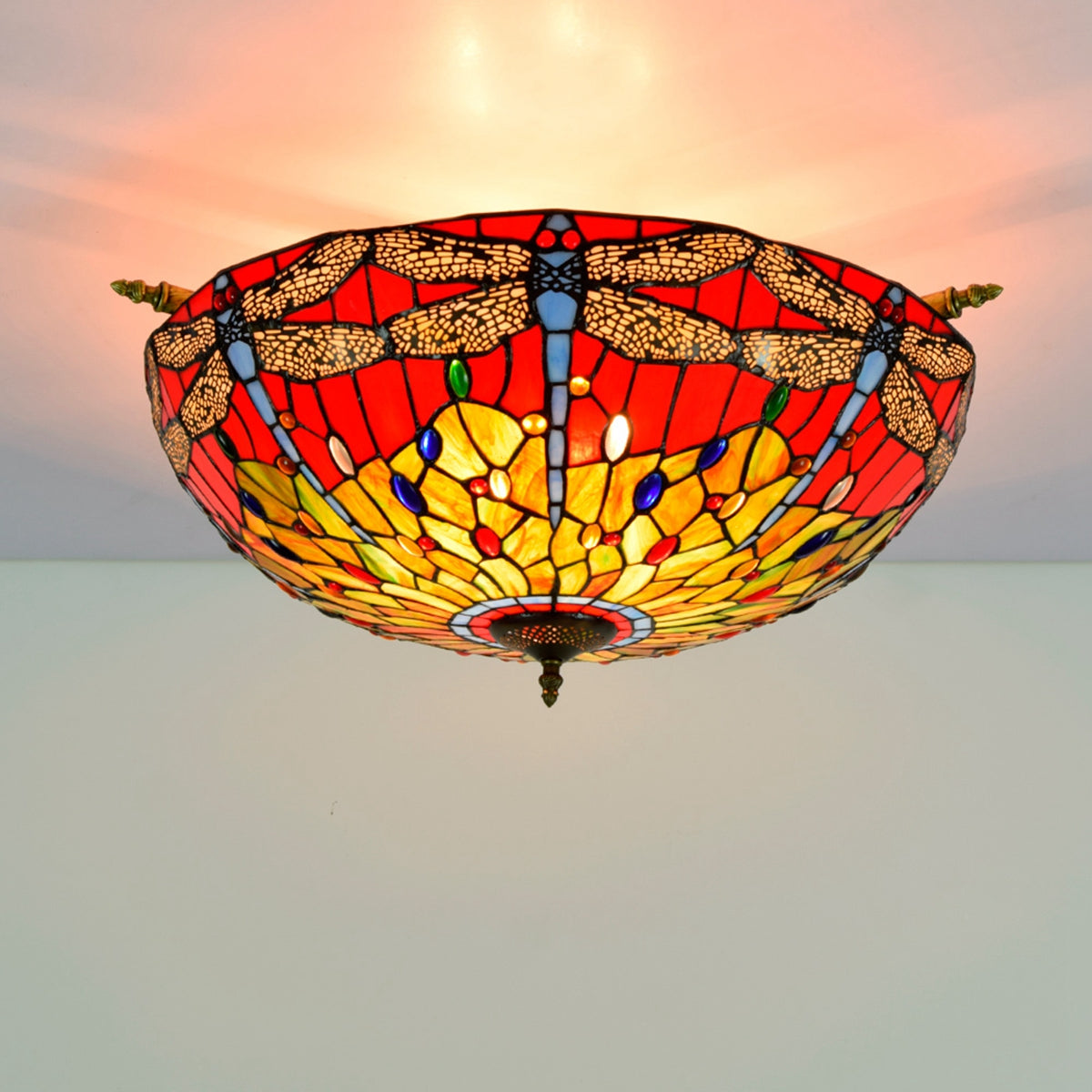 Tiffany Ceiling Light Dragonflies in Red and Yellow Stained Glass