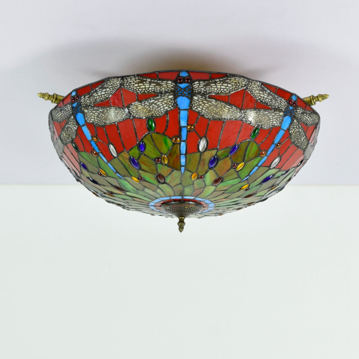 Tiffany Ceiling Light Dragonflies in Red and Yellow Stained Glass