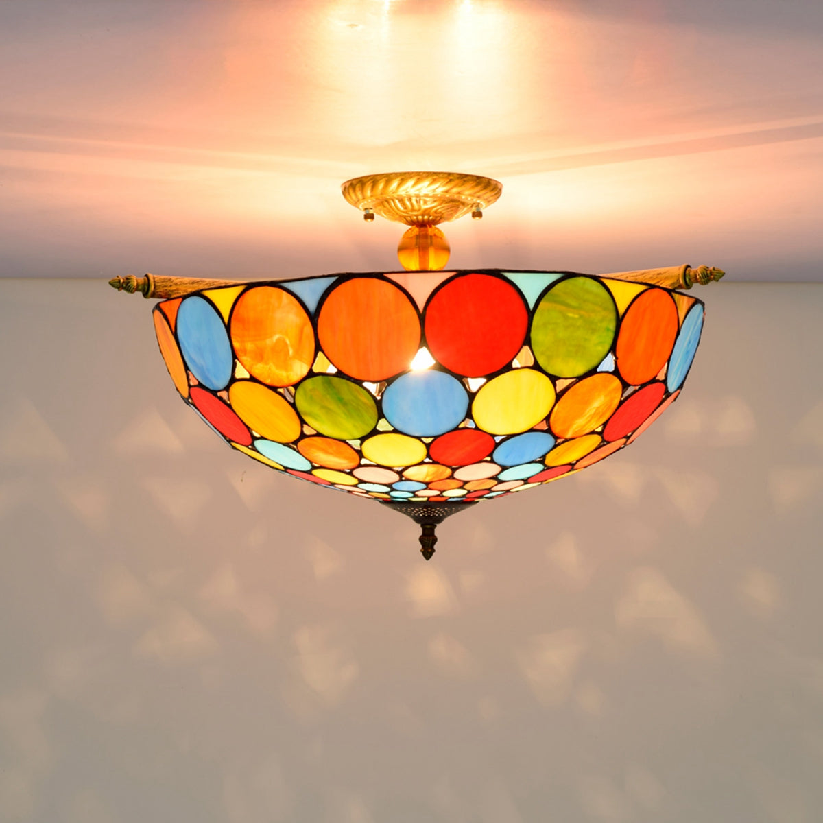 Tiffany stained glass ceiling light with multicolored circles