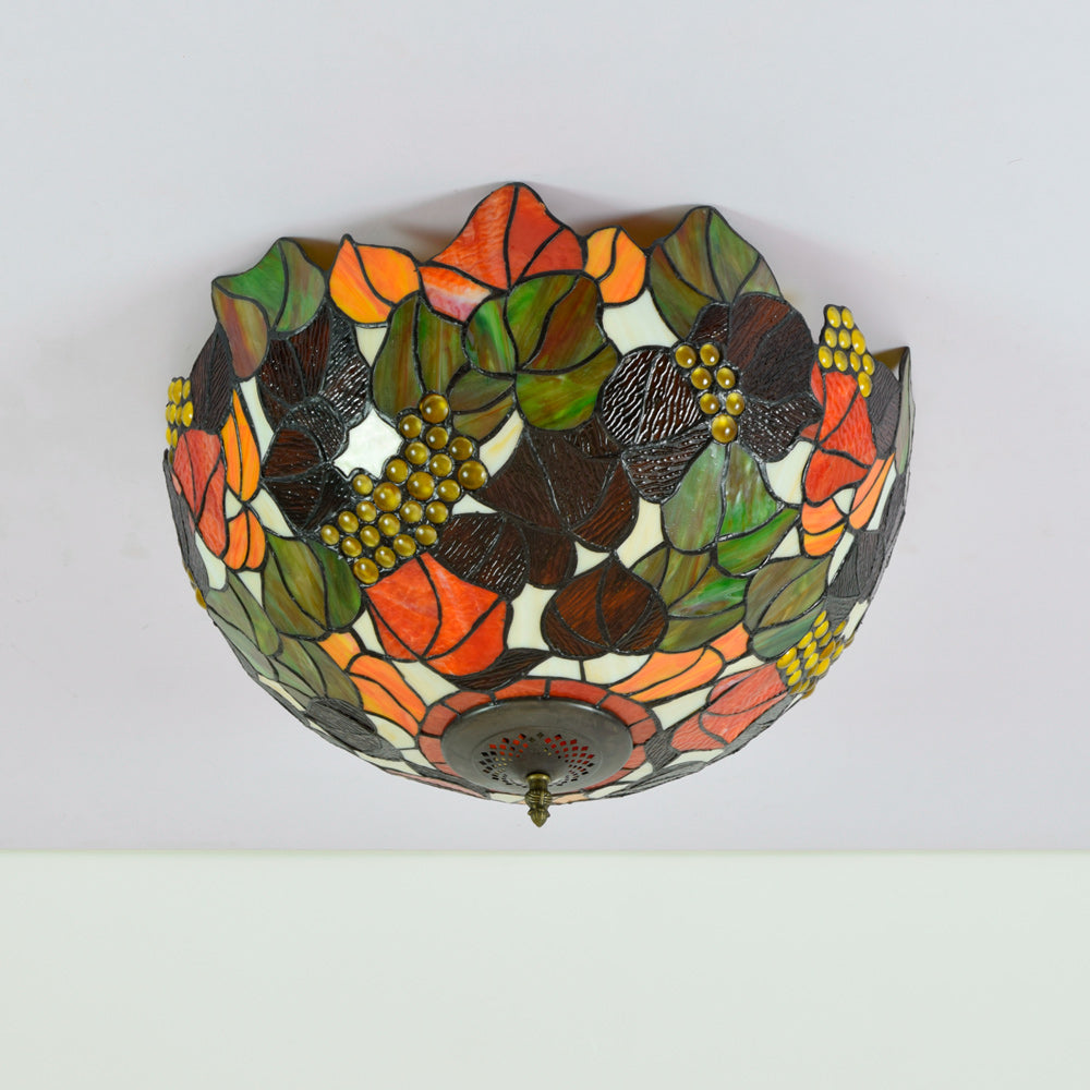 Tiffany Stained Glass Dome Ceiling Light with Autumn Leaves