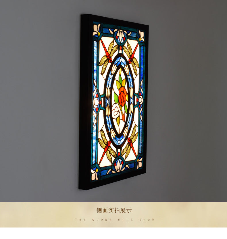 Tiffany-style stained glass panel with dragonflies and roses