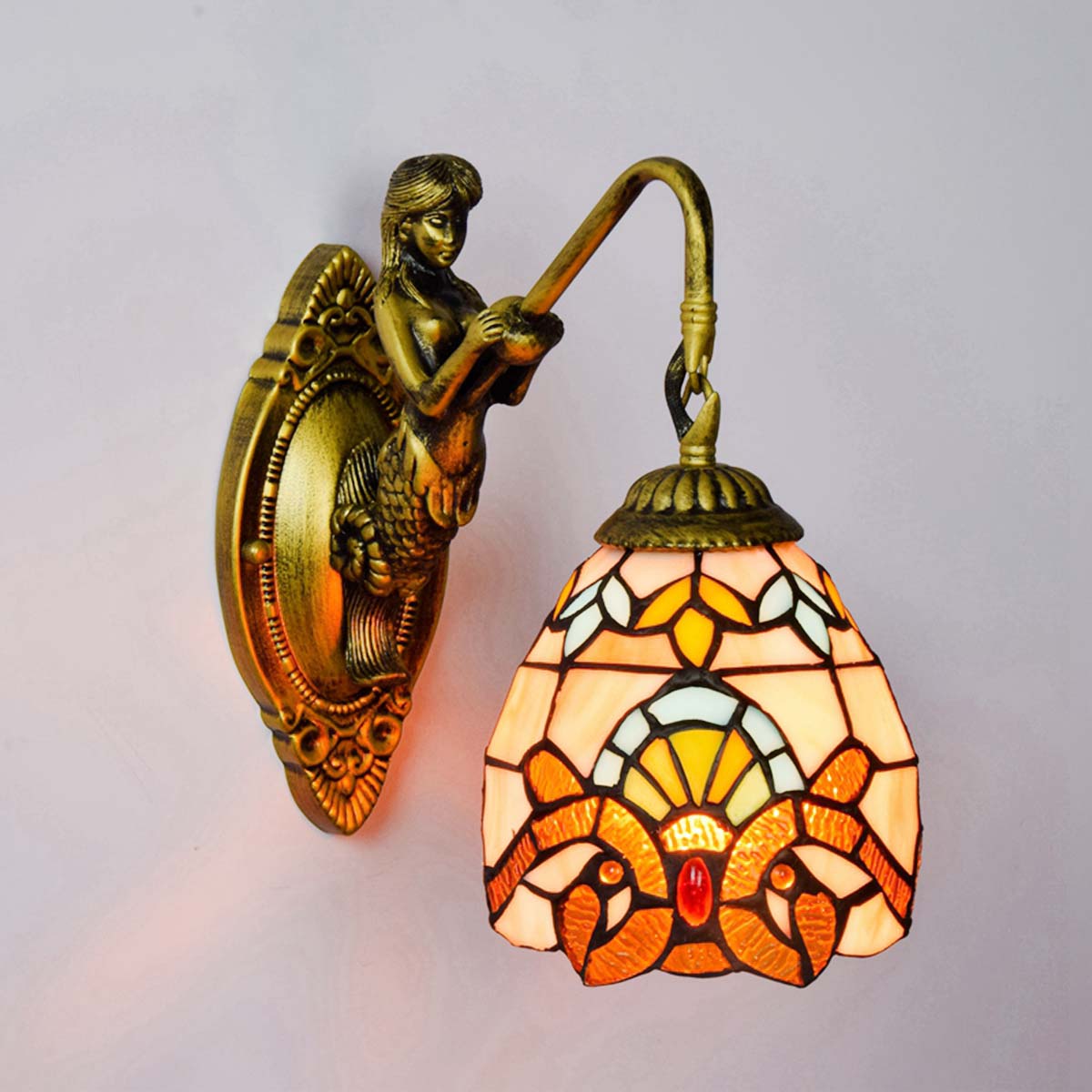 Bronze Mermaid Wall Sconce, Tiffany Lampshade
