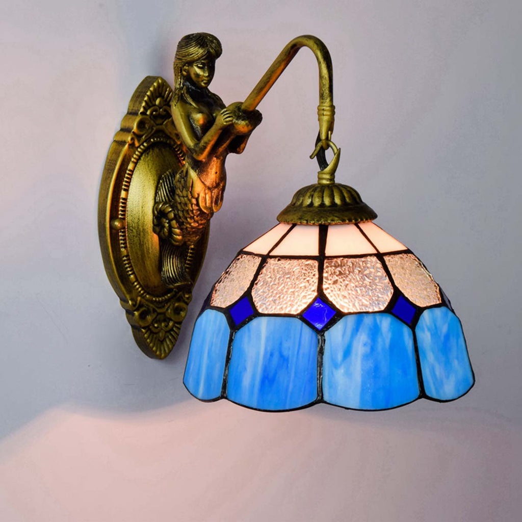 Art Nouveau Mermaid Wall Sconce in Blue Stained Glass