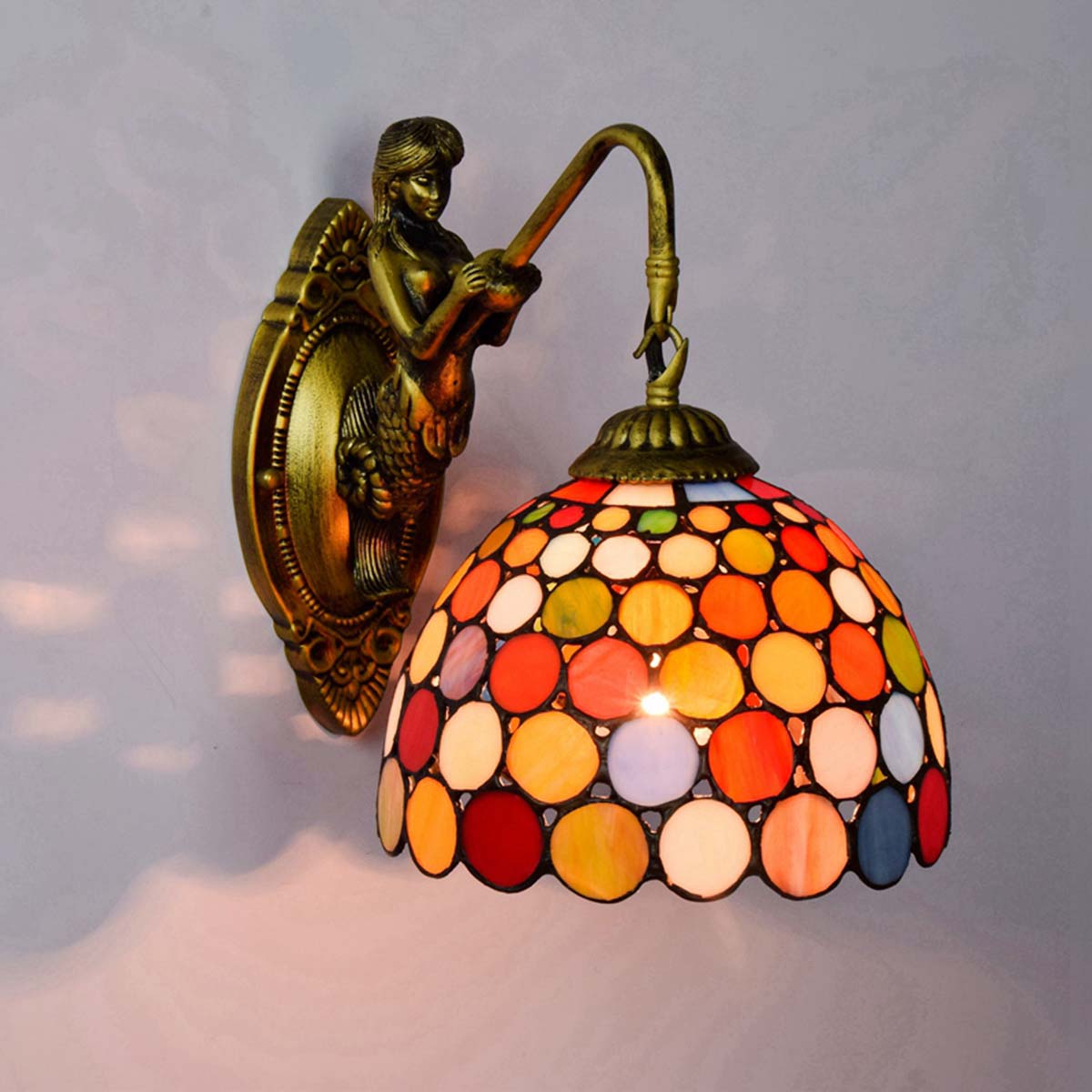 Art Deco Mermaid Wall Sconce in Brass and Stained Glass