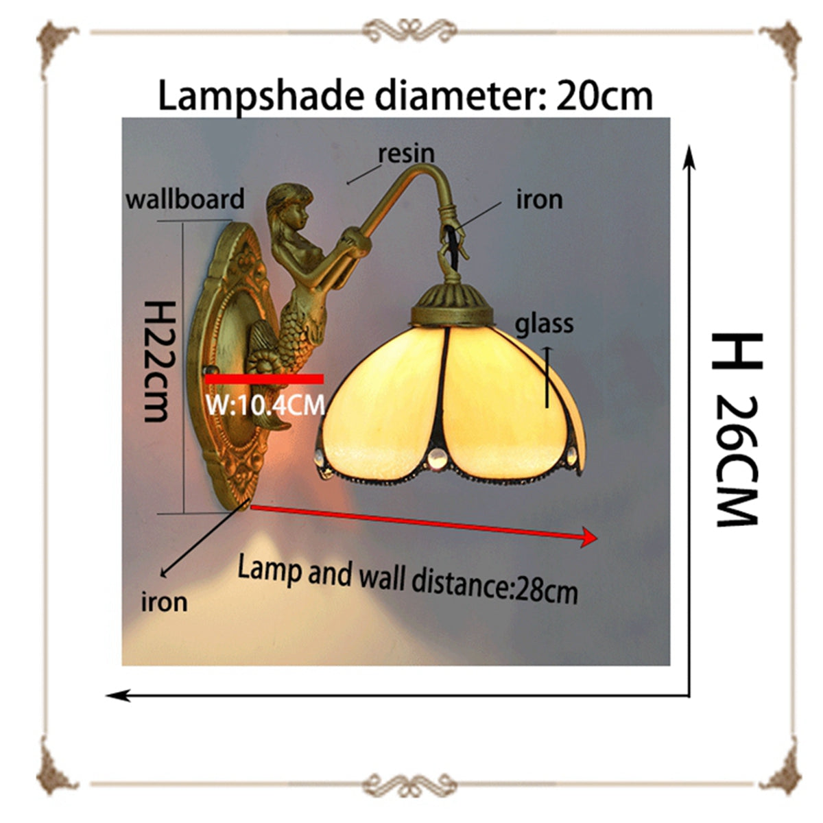 Gold Mermaid Wall Sconce with Mother-of-Pearl Tiffany Lampshade