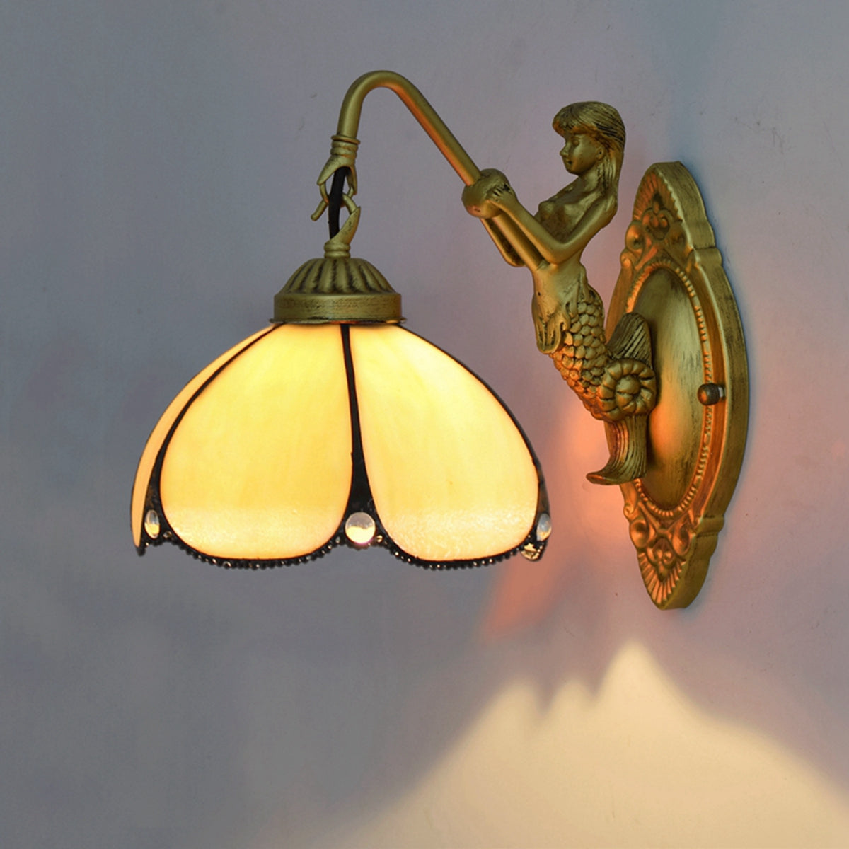 Gold Mermaid Wall Sconce with Mother-of-Pearl Tiffany Lampshade