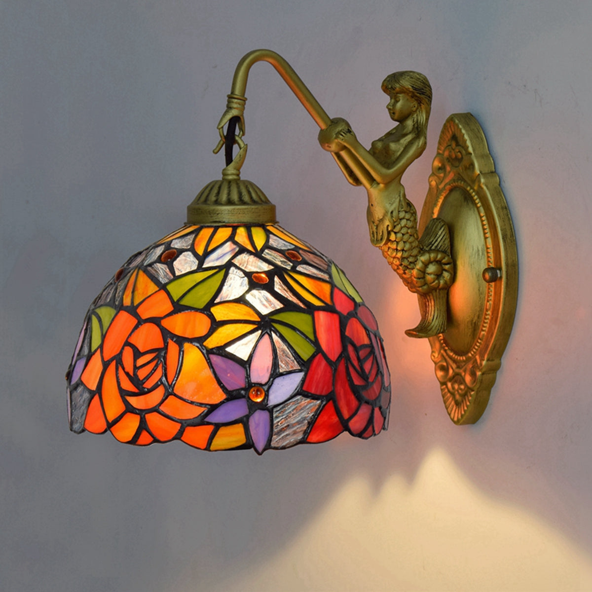 Mermaid Wall Sconce in Tiffany Floral Stained Glass