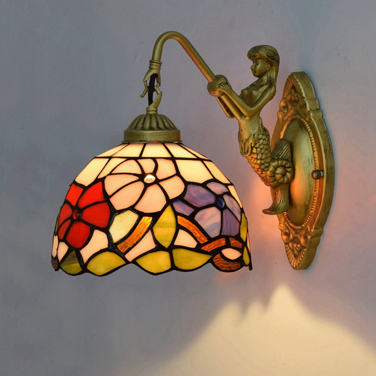 Tiffany Stained Glass Wall Sconce with Floral and Mermaid Decoration