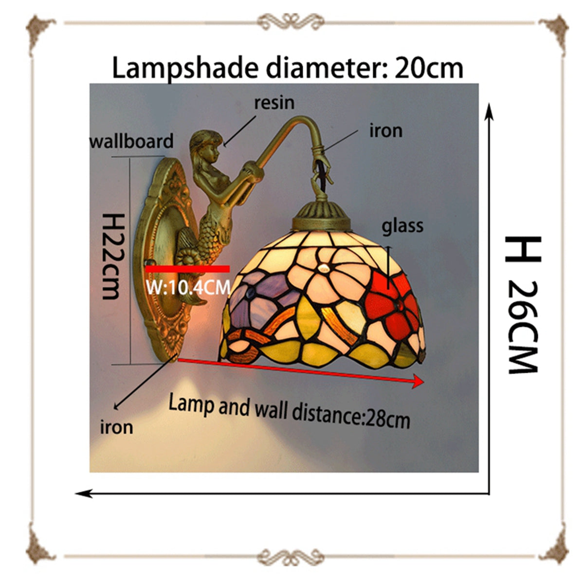 Tiffany Stained Glass Wall Sconce with Floral and Mermaid Decoration