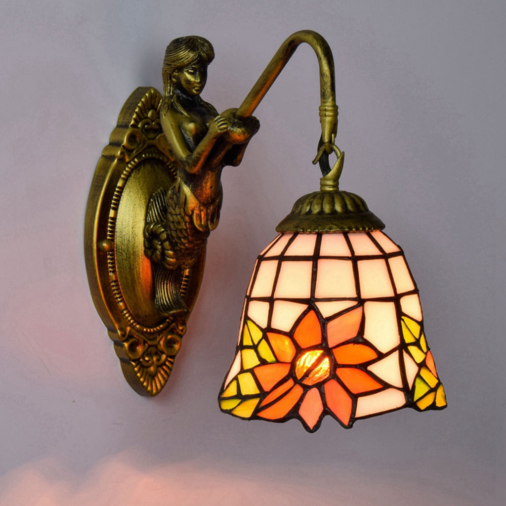 Vintage Mermaid Wall Sconce in Tinted Glass with Flower