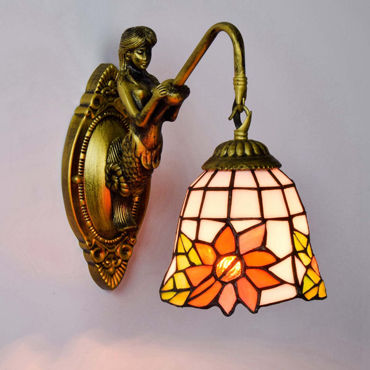 Vintage Mermaid Wall Sconce in Tinted Glass with Flower