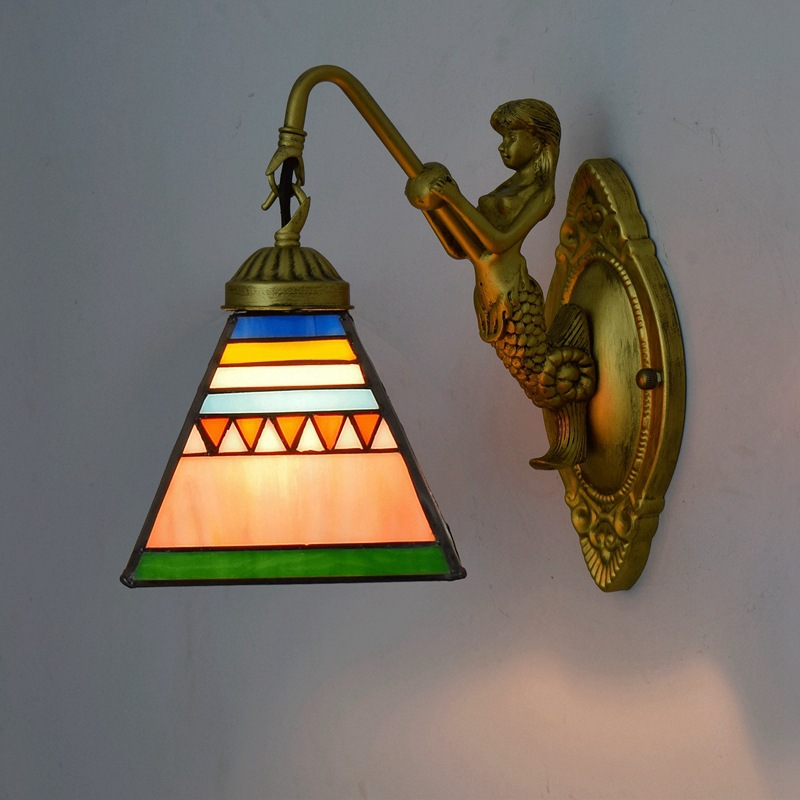 Mermaid Wall Sconce in Gold Metal and Stained Glass