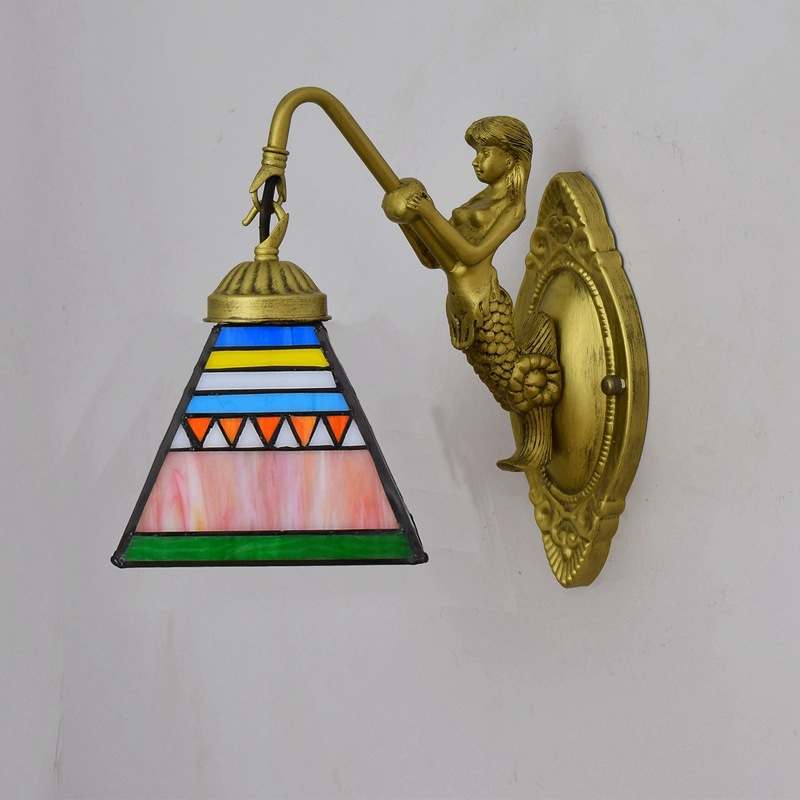 Mermaid Wall Sconce in Gold Metal and Stained Glass