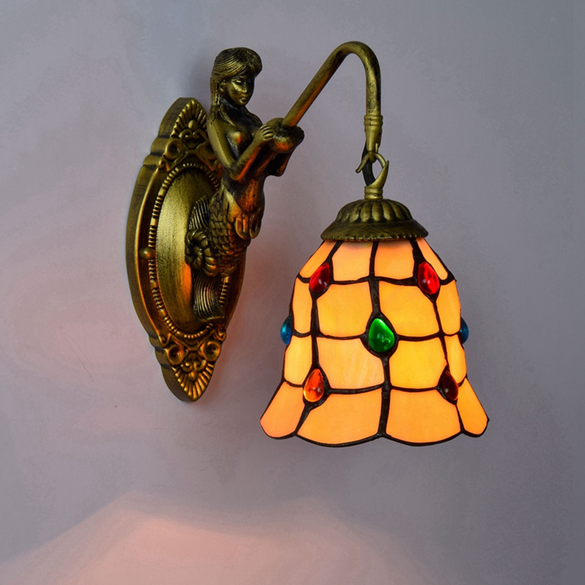 Antique Bronze Wall Sconce with Mermaid Motif and Stained Glass