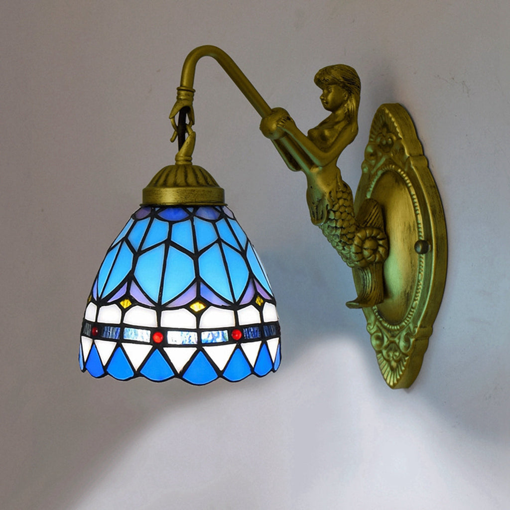 Tiffany Blue Stained Glass Mermaid Wall Sconce