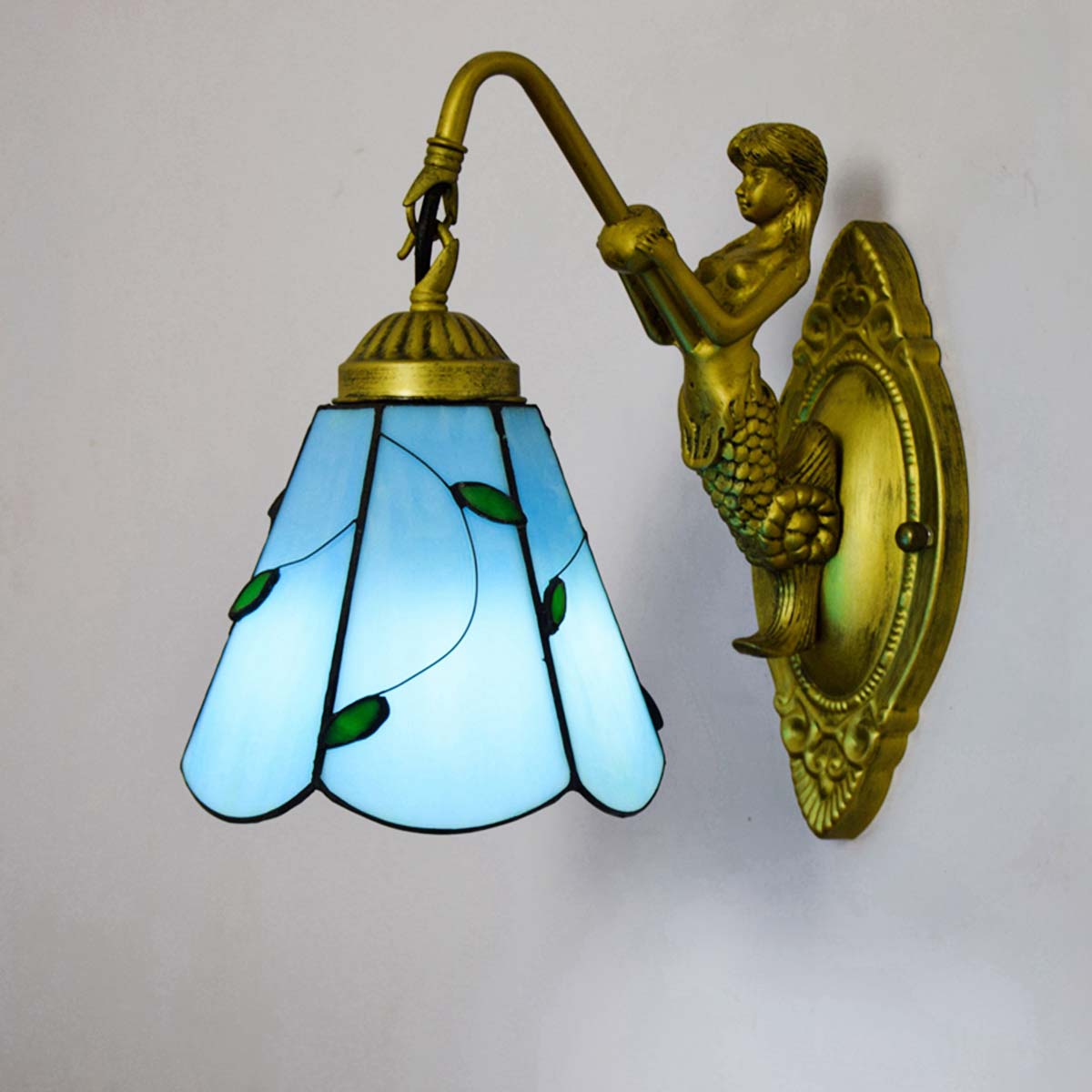 Tiffany Style Blue Stained Glass Mermaid Wall Sconce