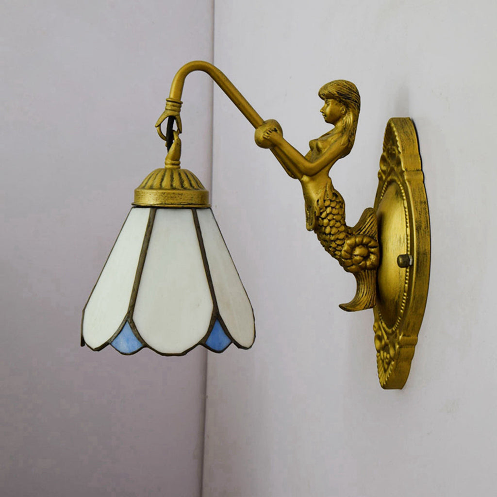 Vintage Bronze Mermaid Wall Sconce with Tiffany Glass