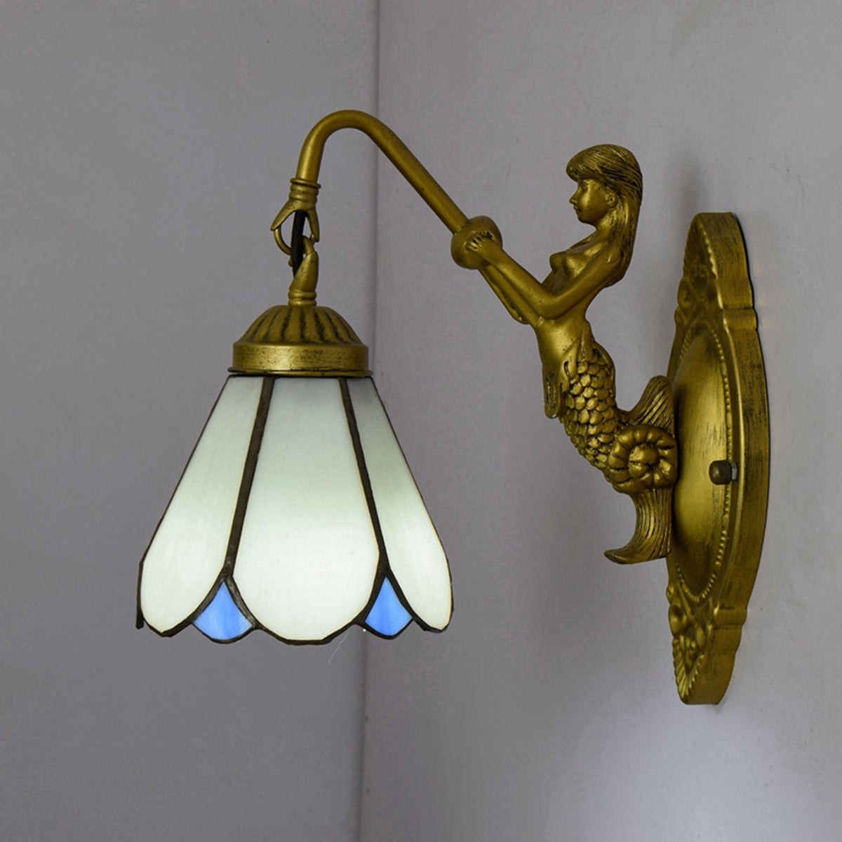 Vintage Bronze Mermaid Wall Sconce with Tiffany Glass