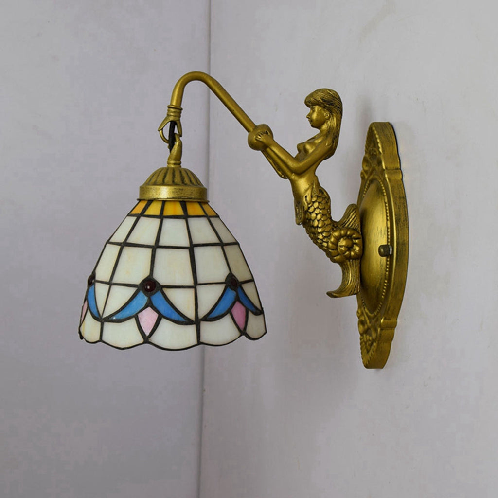 Tiffany Wall Sconce in Stained Glass with Mermaid