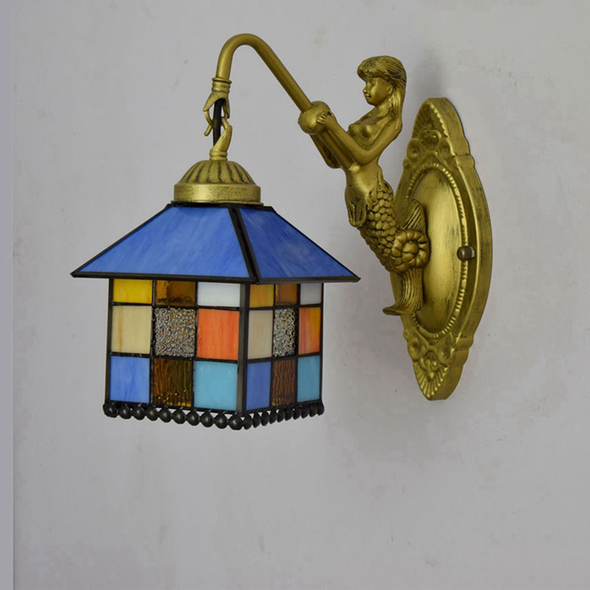 Mermaid Wall Sconce in Brass, Tiffany Glass Shade