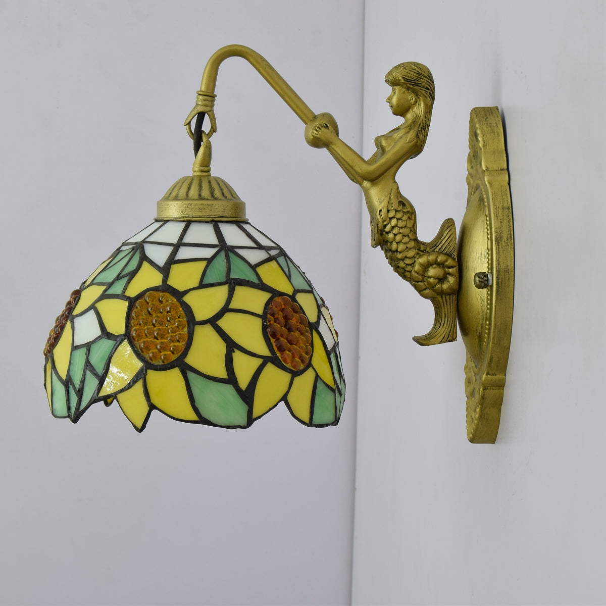 Sunflower Stained Glass Wall Sconce with Golden Mermaid