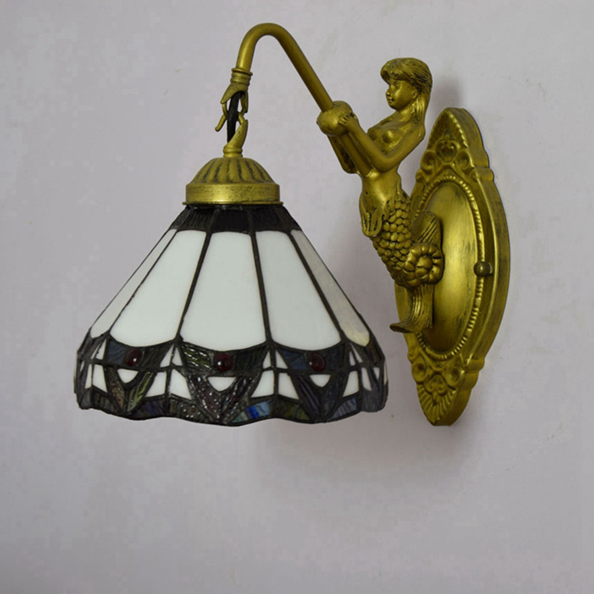 Golden Mermaid Wall Sconce and Stained Glass Lampshade