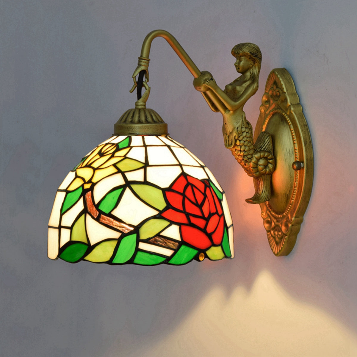 Antique Bronze Mermaid Tiffany Glass Wall Sconce