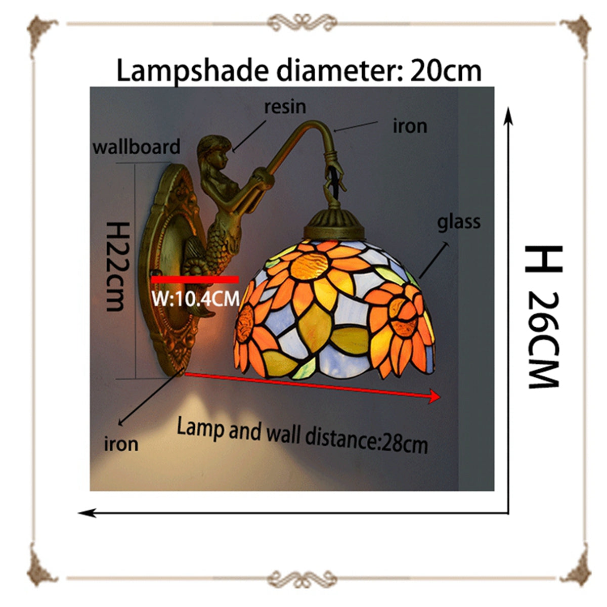 Tiffany Stained Glass Wall Sconce with Sunflowers and Mermaid