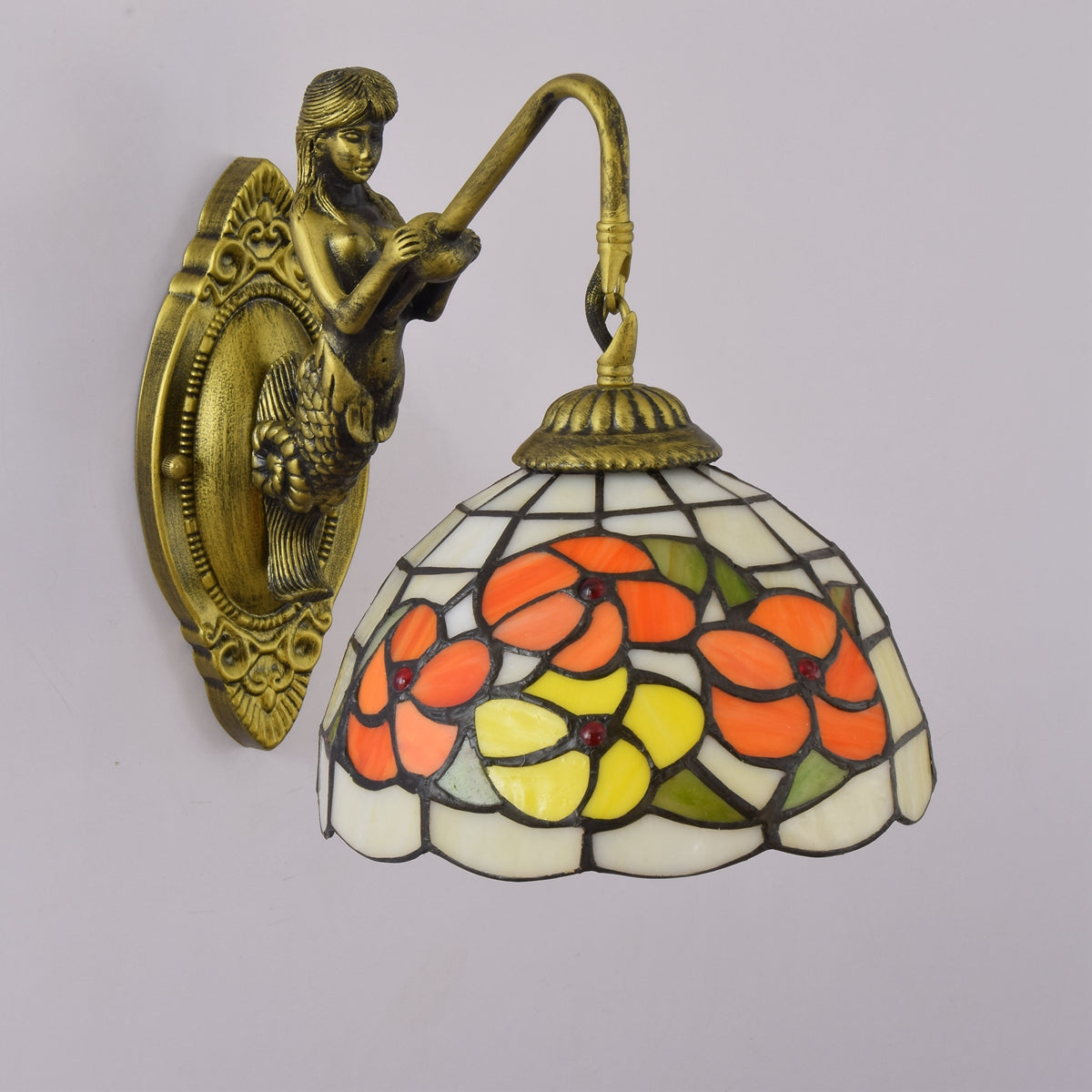 Antique Brass Mermaid Wall Sconce with Floral Tiffany Glass