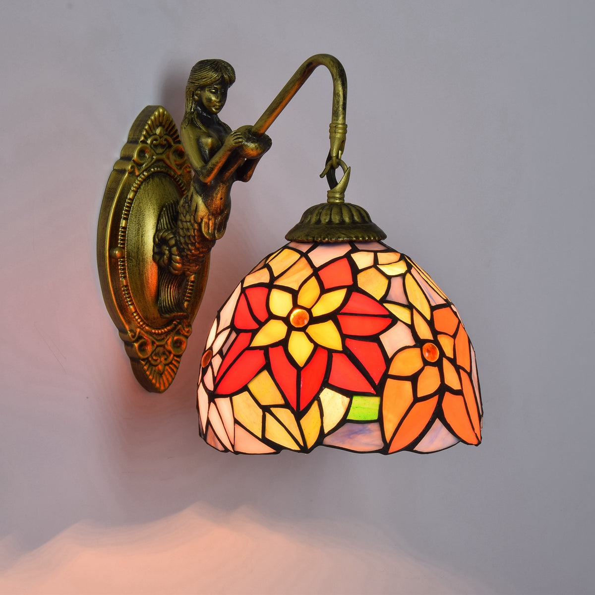 Stained Glass Wall Sconce with Floral and Bronze Mermaid