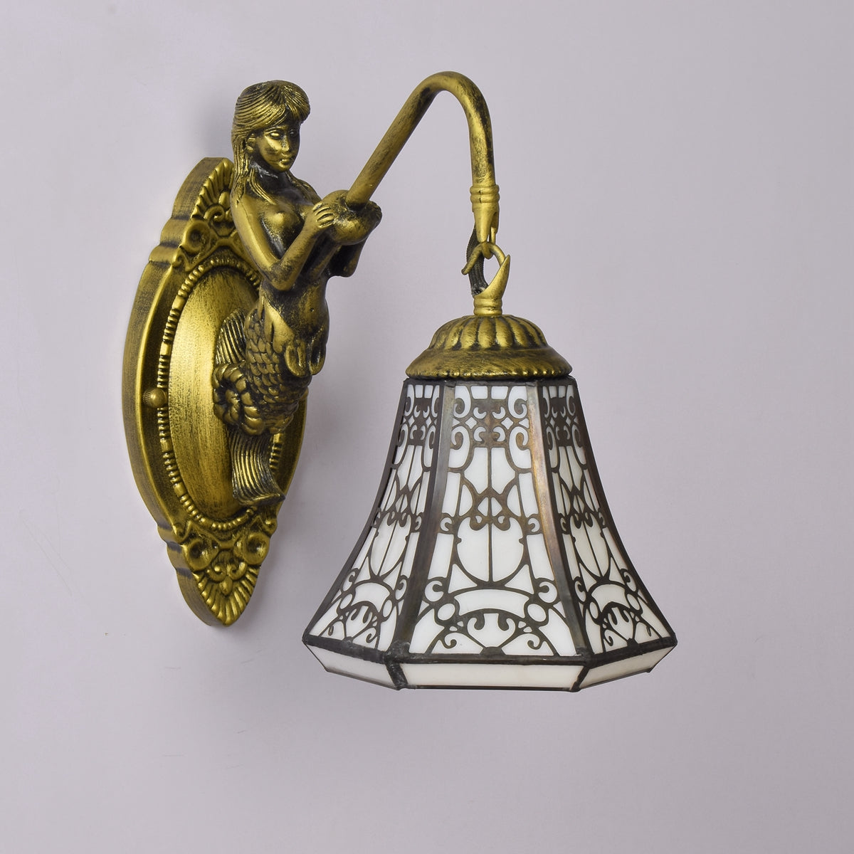 Antique Gilt Bronze Mermaid Wall Sconce and Decorative Glass