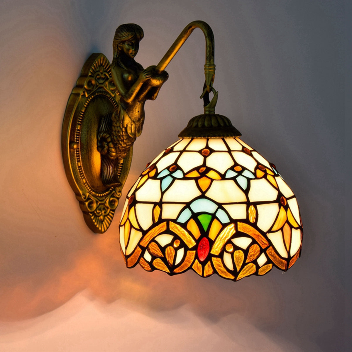 Antique Bronze Mermaid Tinted Glass Tiffany Wall Sconce