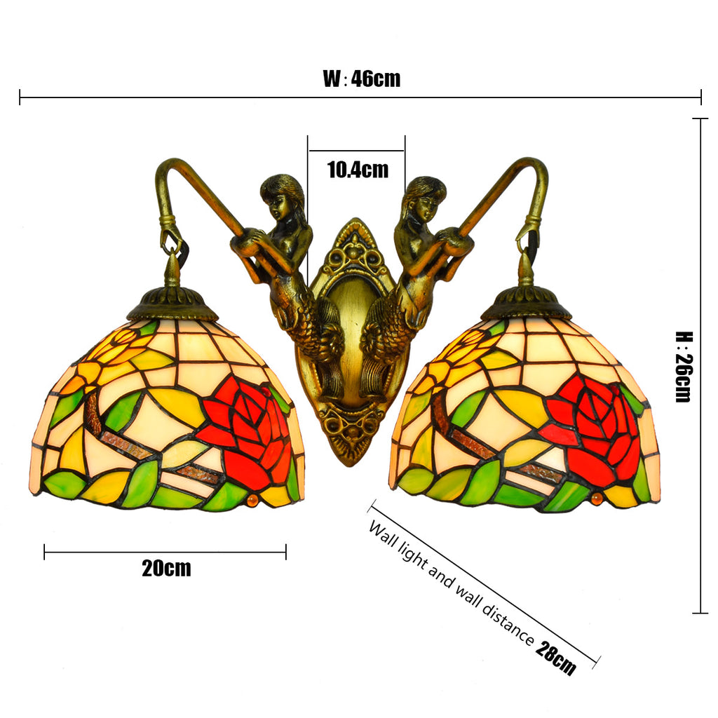 Tiffany Stained Glass Wall Sconce with Mermaids and Roses