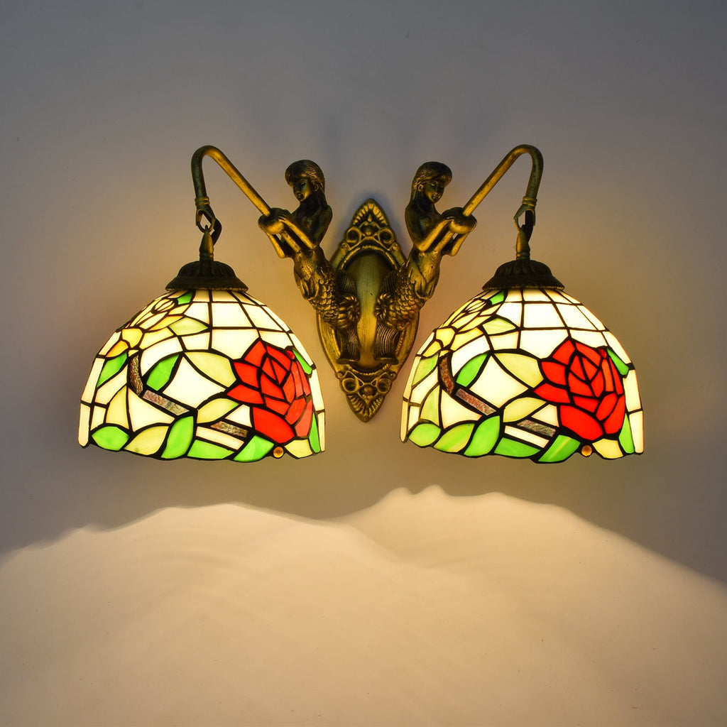 Tiffany Stained Glass Wall Sconce with Mermaids and Roses