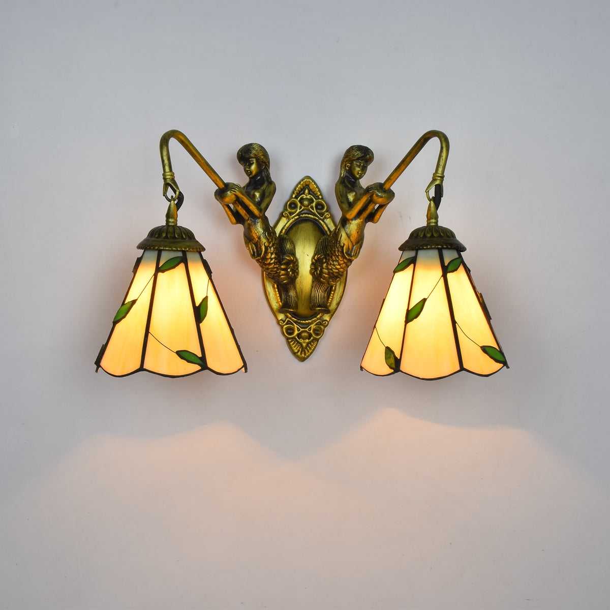Double Wall Sconce of Stained Glass Mermaids and Leaves