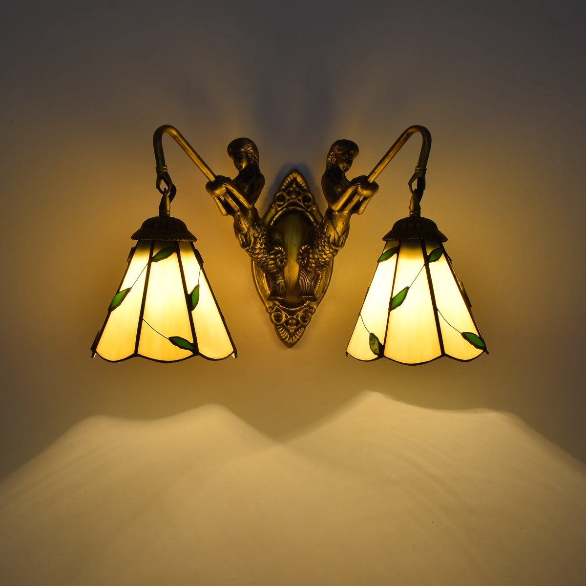 Double Wall Sconce of Stained Glass Mermaids and Leaves