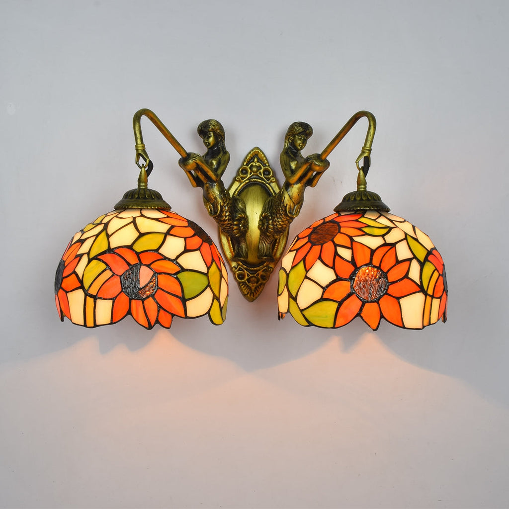 Double Mermaid Wall Sconce, Tiffany Style, Sunflower