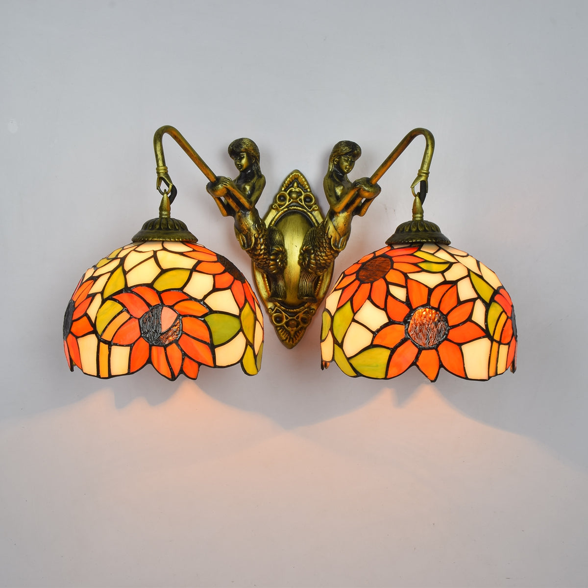 Double Mermaid Wall Sconce, Tiffany Style, Sunflower