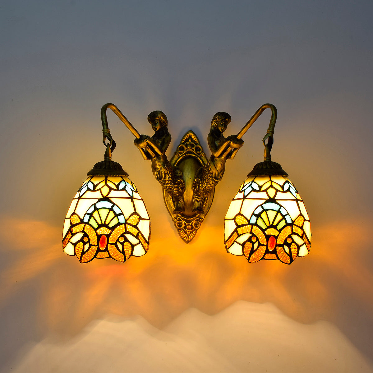 Double Stained Glass Wall Sconce with Mermaids, Antique Brass
