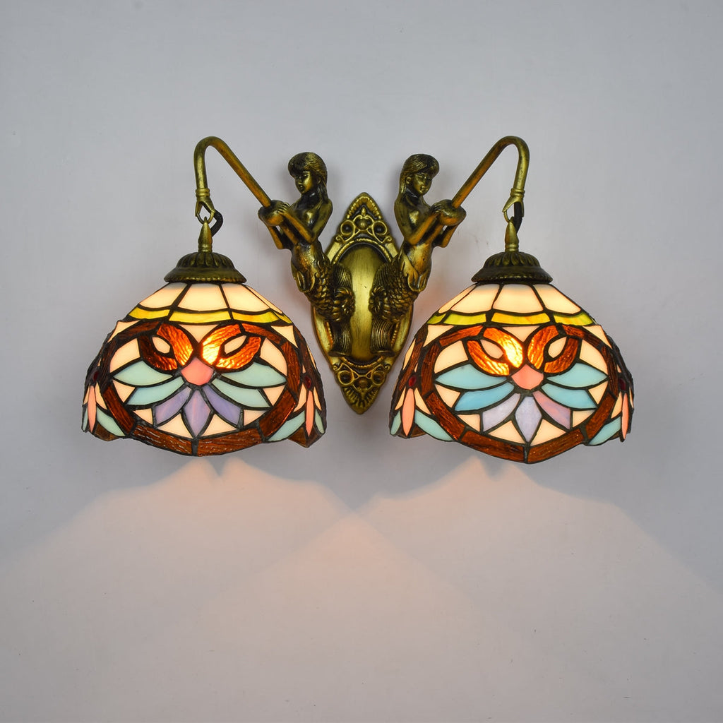 Floral Stained Glass Wall Sconce with Bronze Mermaids