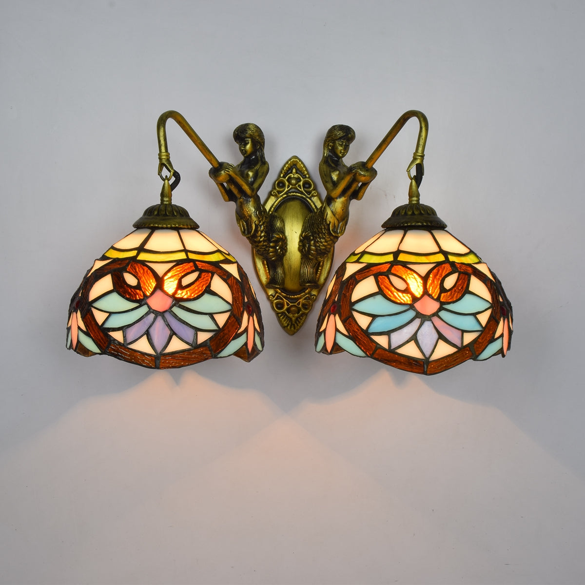 Floral Stained Glass Wall Sconce with Bronze Mermaids