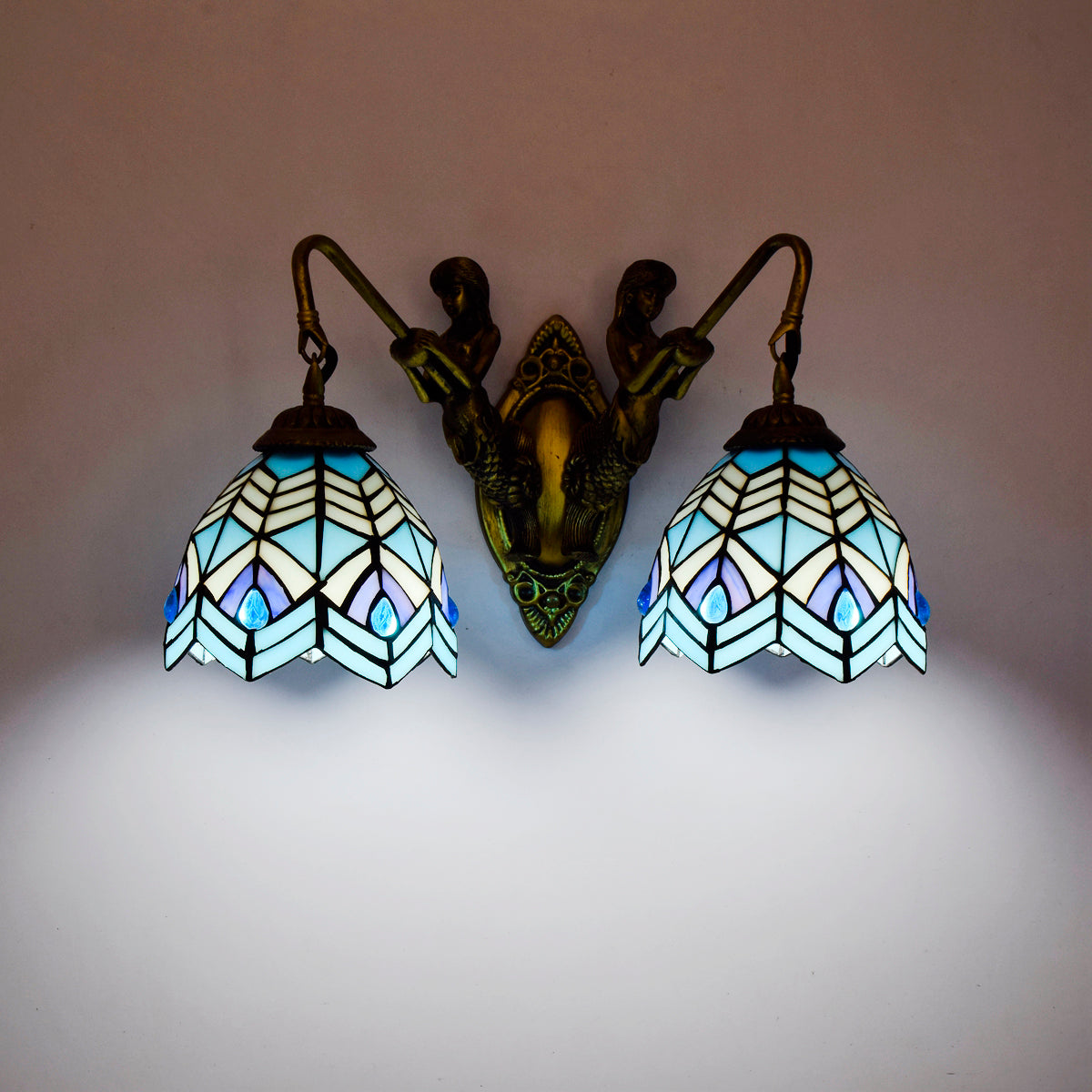 Tiffany Wall Sconce Mermaids in Blue and Purple Glass