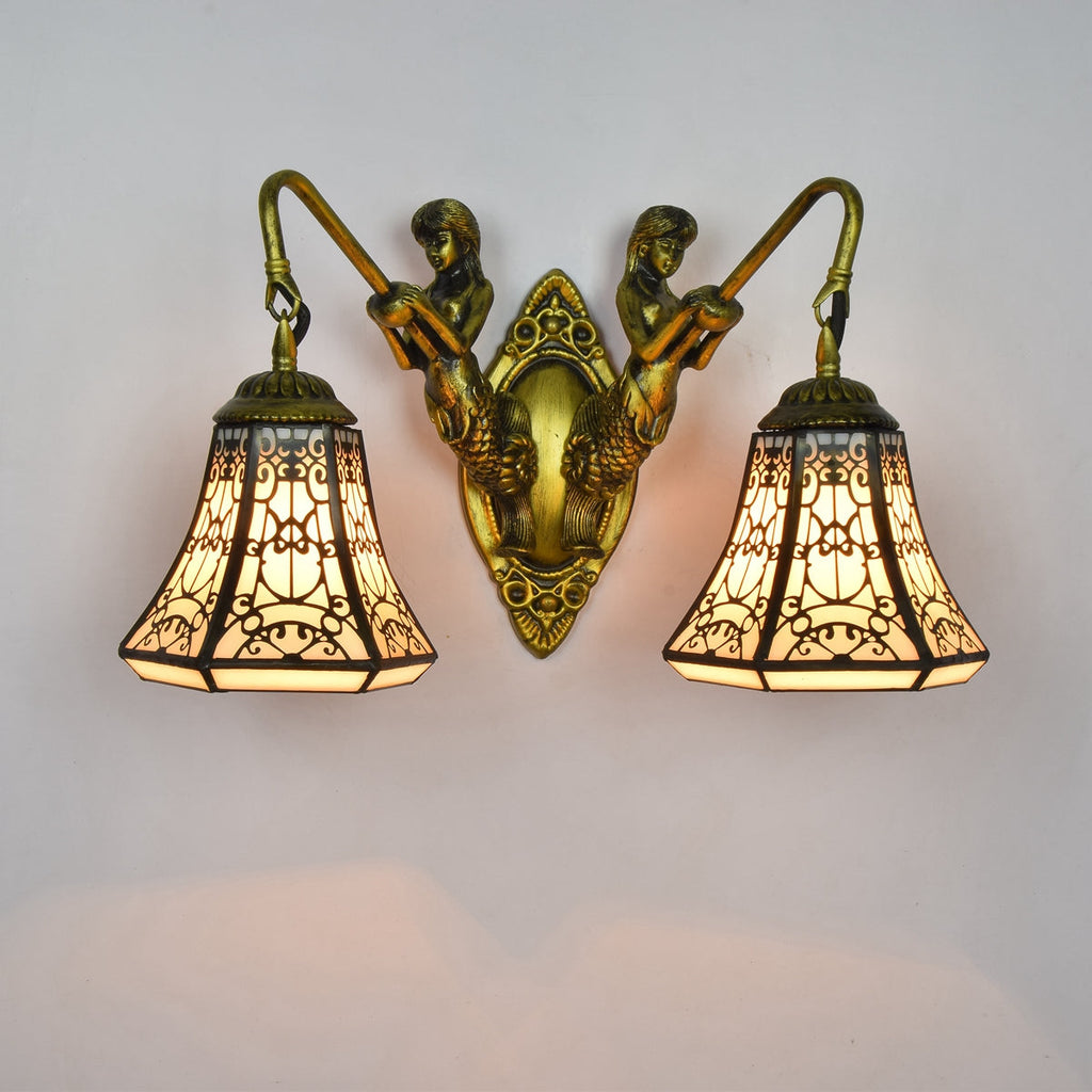 Antique Bronze Wall Sconce with Tiffany Style Mermaids