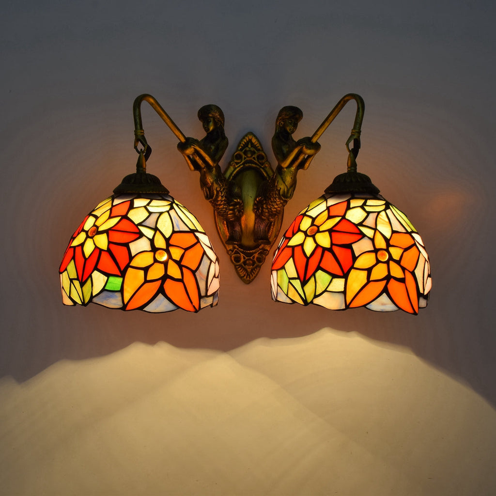 Double Bronze Wall Sconce with Stained Glass Mermaids