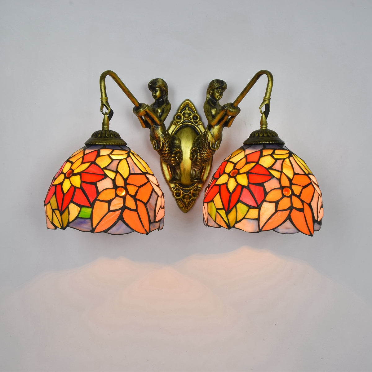 Double Bronze Wall Sconce with Stained Glass Mermaids