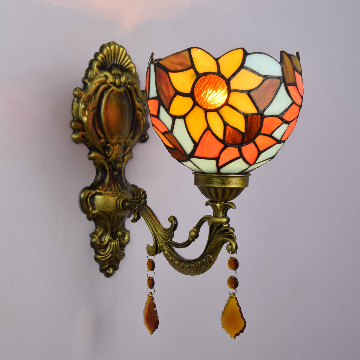Art Nouveau Stained Glass Wall Sconce, Golden Sunflower