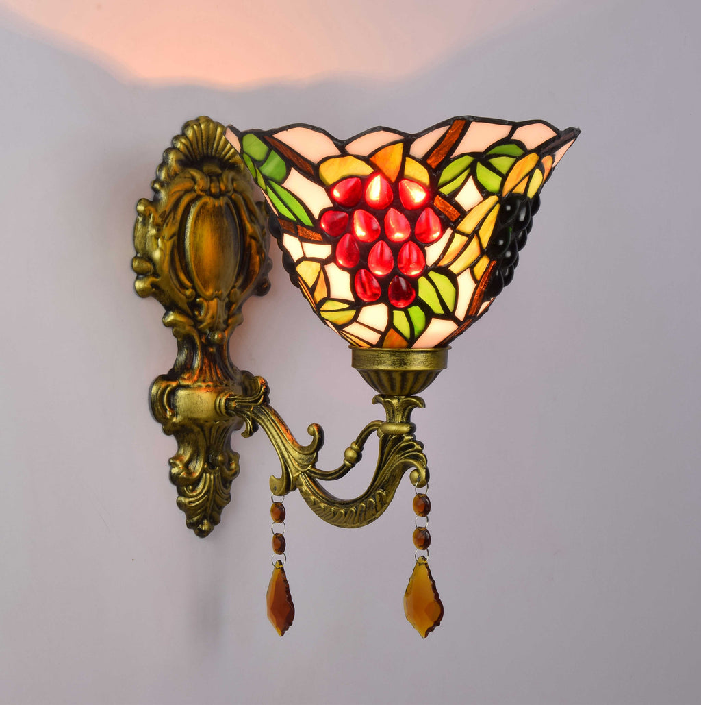 Stained Glass Wall Sconce with Grapes and Aged Brass