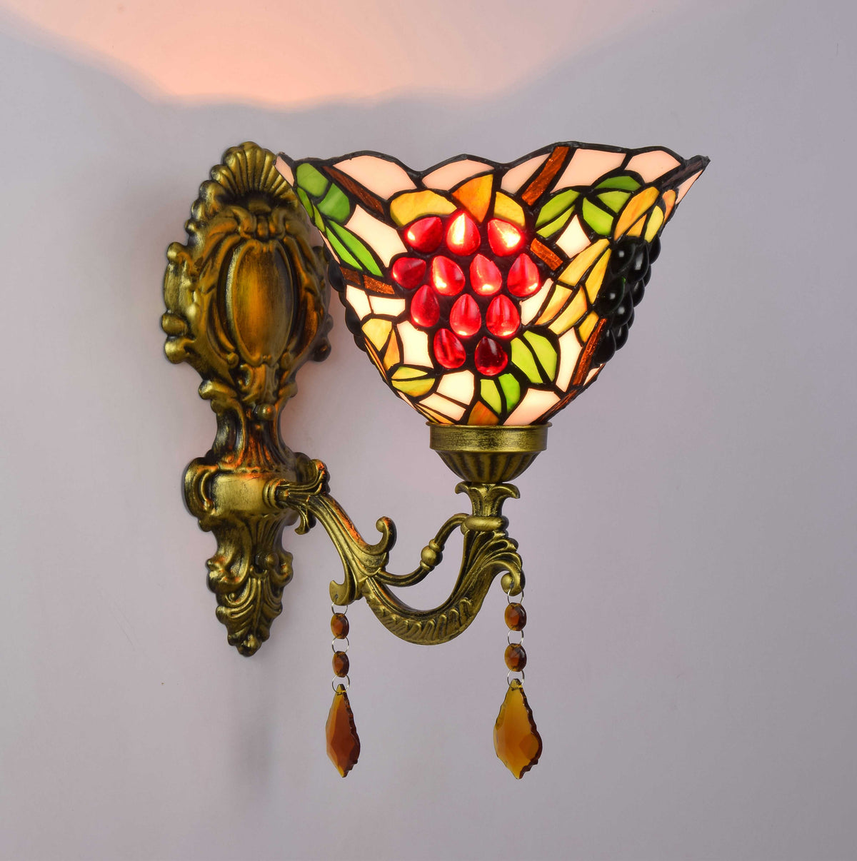 Stained Glass Wall Sconce with Grapes and Aged Brass