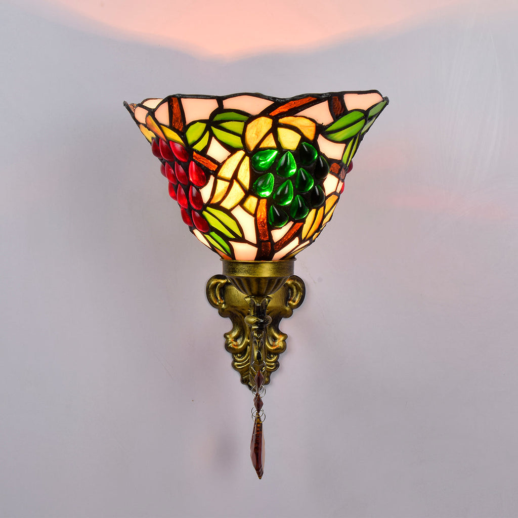 Stained Glass Wall Sconce with Grapes and Aged Brass